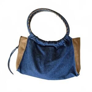 Chic Denim Purse Dual Round Top Handle Suede Detail Zip Festival Summer Party